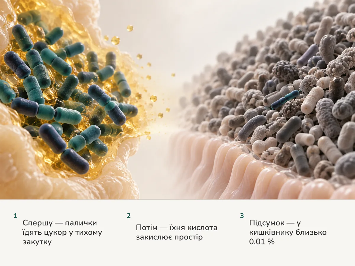 Ілюстрація: ліворуч палички Lactobacillus тісняться в кислому закутку із золотавим відтінком, а праворуч на слизовій кишківника один невеликий ланцюжок серед незліченних інших бактерій