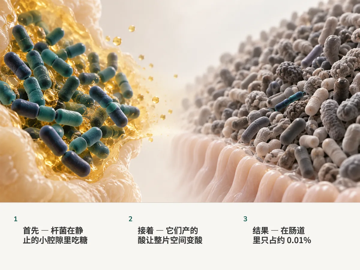 插画:左边,Lactobacillus 杆菌挤在一个泛着金色的酸性小腔隙里;右边,在肠道黏膜上,一条小小的菌链夹在数不清的其他细菌之间