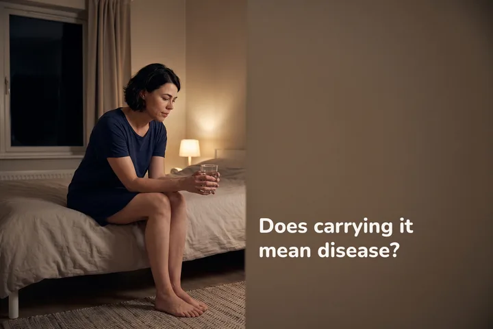 Does carrying it mean disease? — a woman sits on the edge of her bed at night, a glass of water in both hands