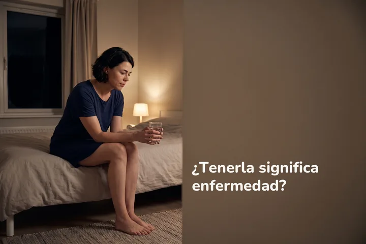 ¿Tenerla significa enfermedad? — una mujer sentada de noche en el borde de su cama con un vaso de agua en las manos
