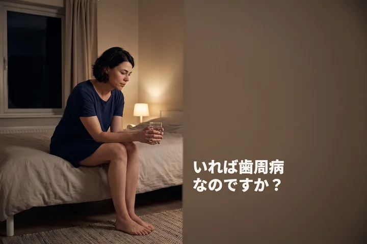 いれば歯周病なのですか？ — 夜、女性がベッドの端に座り、両手でコップの水を持っている