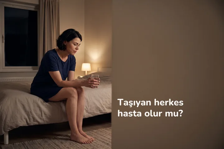 Taşıyan herkes hasta olur mu? — bir kadın gece yatağının kenarında oturuyor, iki eliyle bir bardak su tutuyor