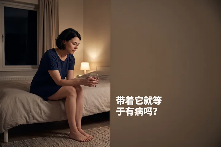 带着它就等于有病吗? — 一位女性夜里坐在床沿,双手捧着一杯水