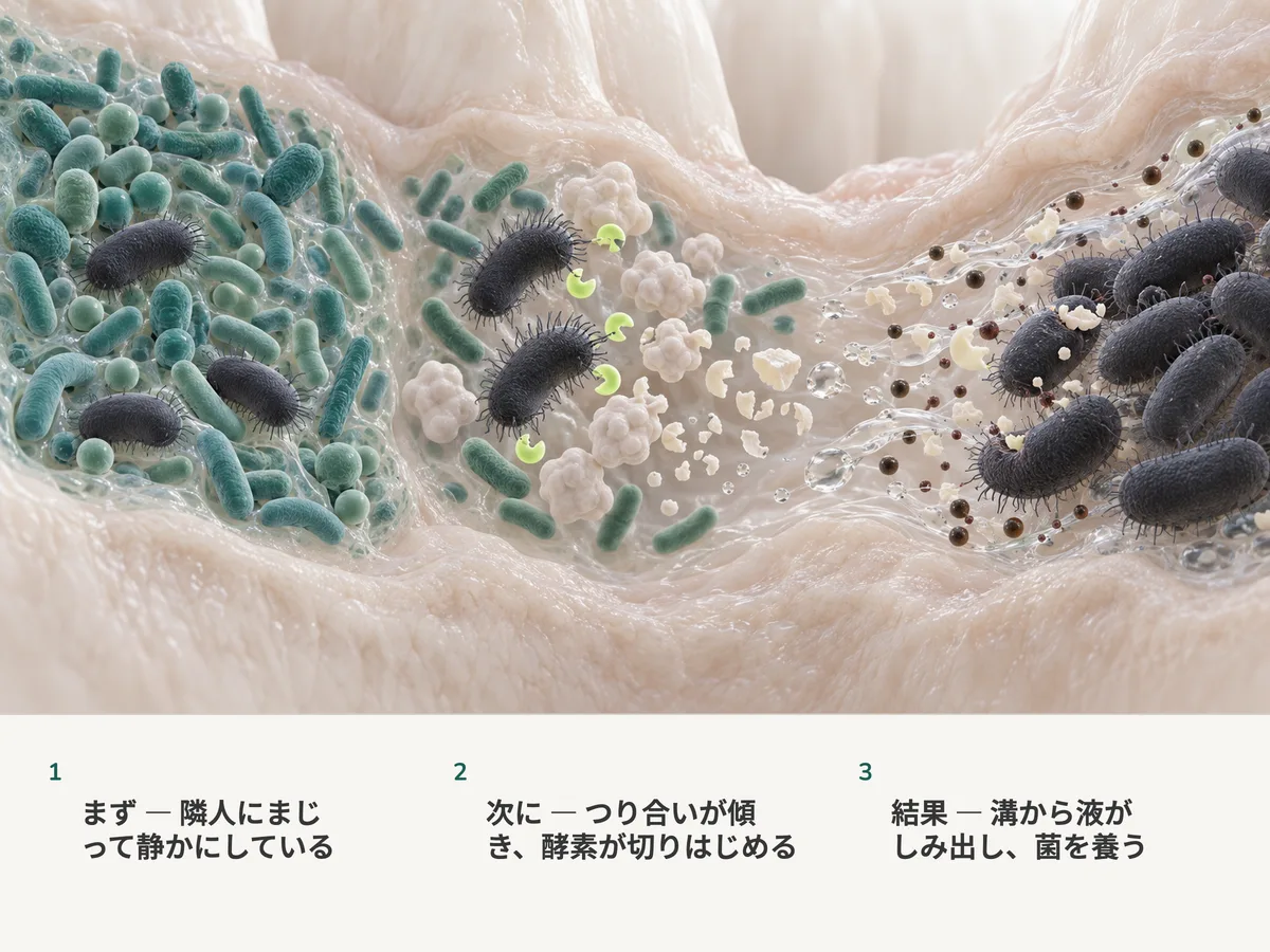 イラスト:混ざり合ったバイオフィルムの窪みに、ふっくらした濃い色の桿菌が横たわる。集団が傾くと酵素を放って防御のタンパク質を切り刻み、しみ出す液がこの菌の餌になる