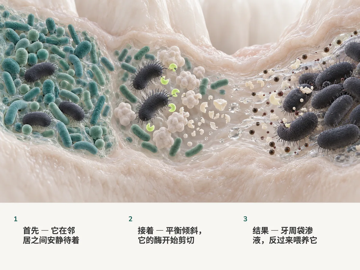 插画:饱满的深色杆菌待在一处混合的牙周袋生物膜里;随着群落失衡,它们放出把防御蛋白剪断的酶,而渗出的组织液又给它们送来食物