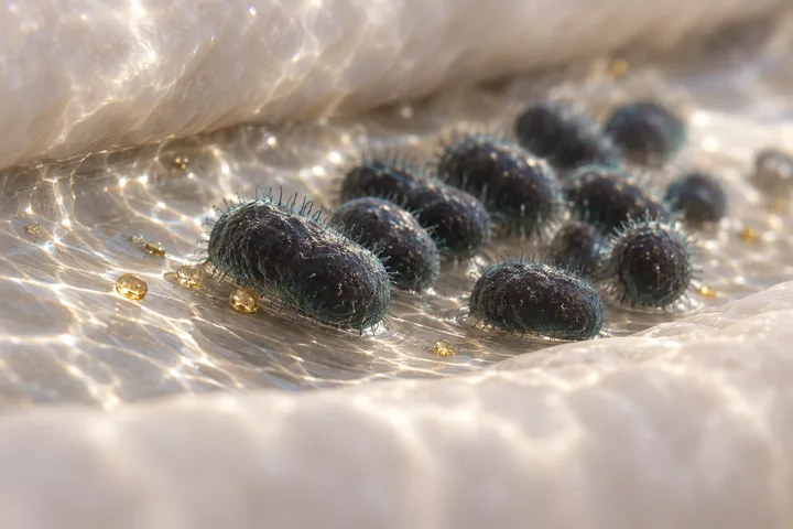 Illustration: plump dark rod-shaped bacteria rest in a wet film inside a narrow crevice, rippling light and gold haem glints