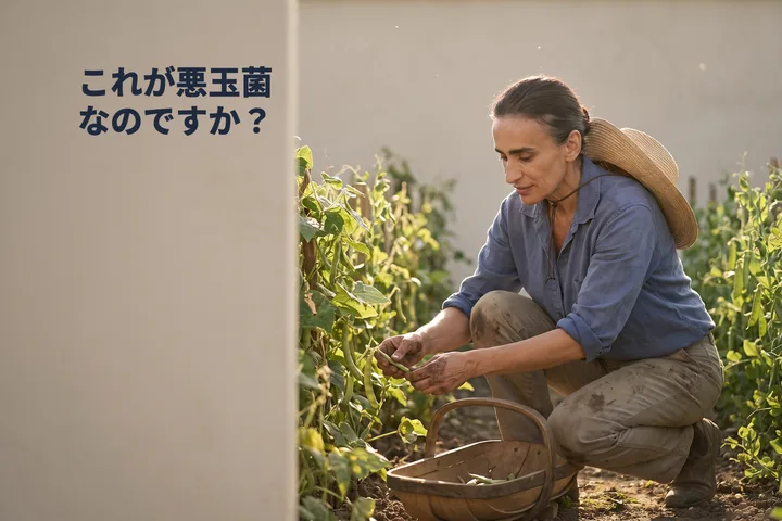 これが悪玉菌なのですか? — 午後遅い日ざしの中、女性が市民農園の豆の畝にひざまずいている