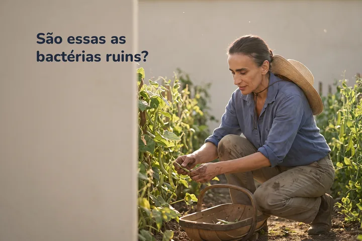 São essas as bactérias ruins? — uma mulher ajoelhada nas fileiras de feijão de uma horta no sol do fim da tarde