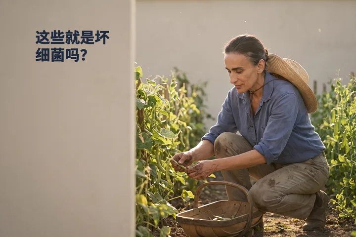 这些就是坏细菌吗? — 一位女性在午后的阳光里跪在市民菜园的豆架行间