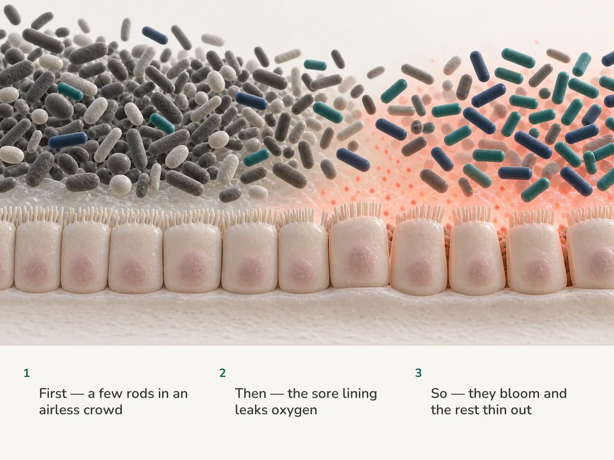 Illustration: a few short rods live among many gut bacteria on an airless lining; as the lining leaks a faint haze of oxygen, the rods multiply and the others thin out