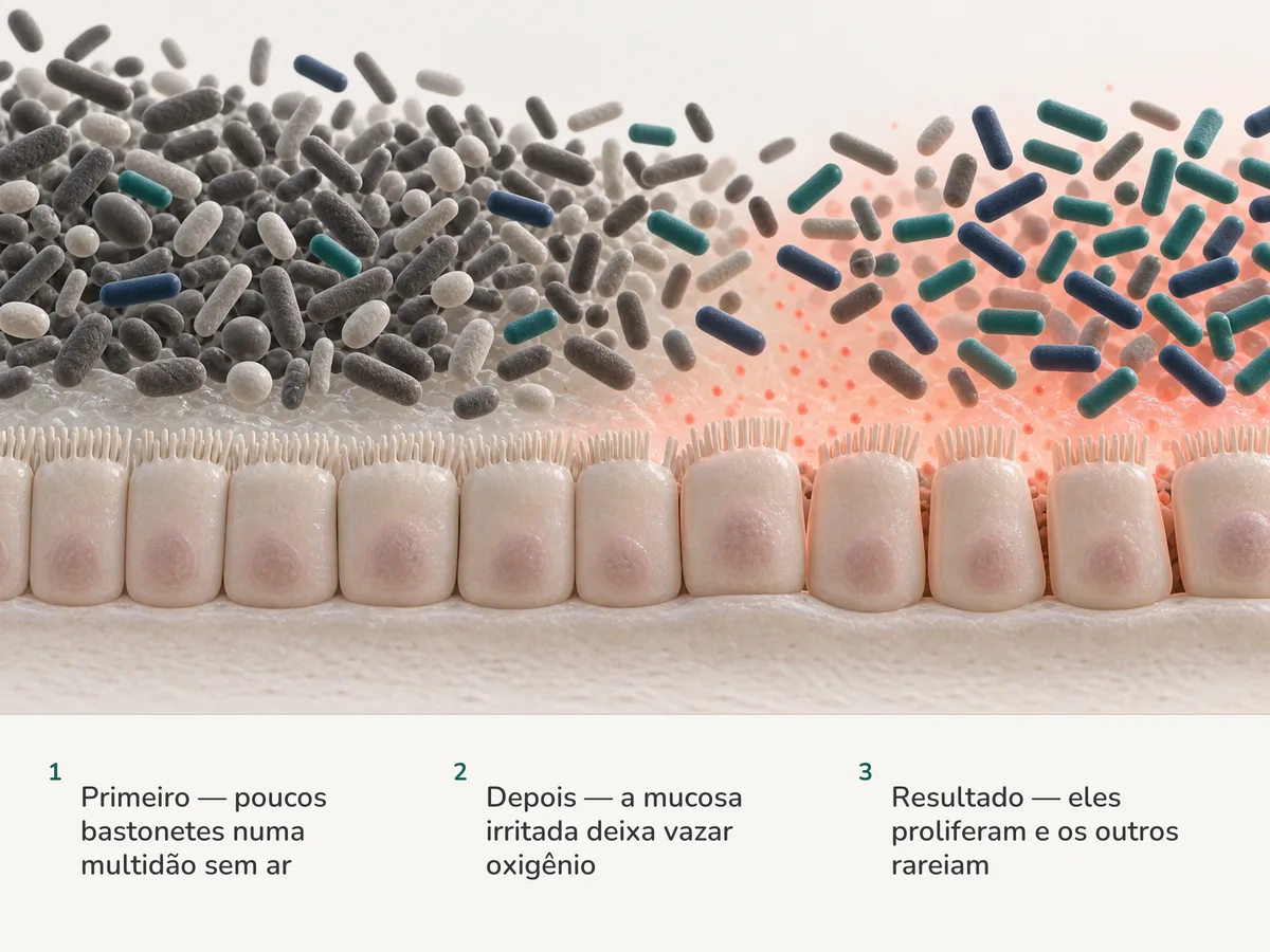 Ilustração: poucos bastonetes curtos vivem entre muitas bactérias intestinais sobre uma mucosa sem ar; quando a mucosa deixa vazar uma leve névoa de oxigênio, os bastonetes se multiplicam e os outros rareiam