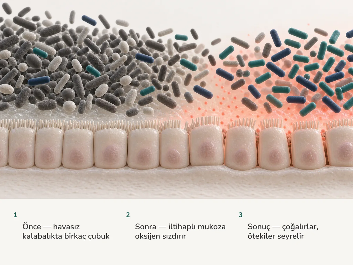 Çizim: havasız bir mukoza üzerinde birçok bağırsak bakterisi arasında birkaç kısa çubuk yaşıyor; mukoza soluk bir oksijen pusu sızdırdıkça çubuklar çoğalıyor ve ötekiler seyreliyor
