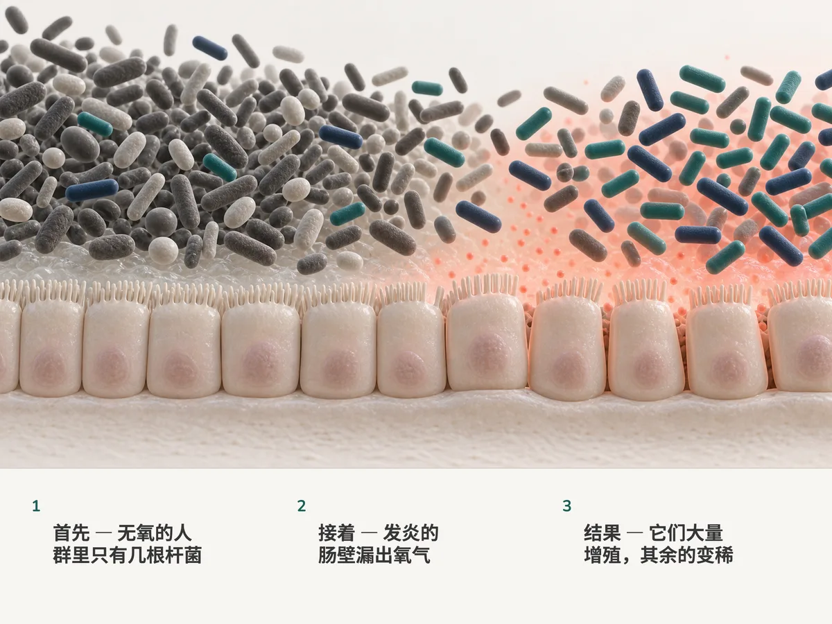 插画：几根短杆菌生活在无氧肠壁上众多肠道细菌之间；当肠壁渗出一层淡淡的氧气雾时，这些杆菌大量增殖，其余的则稀疏下去