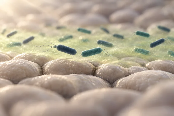 Illustration: short rod-shaped bacteria gather in a thin lime haze just above the rounded cells of the gut lining