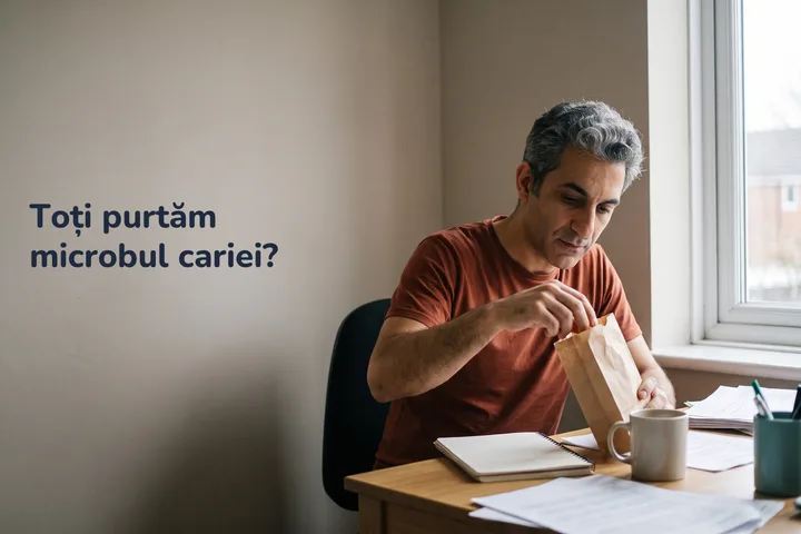 Toți purtăm microbul cariei? — un tânăr ia o bomboană dintr-o pungă de hârtie, la biroul lui