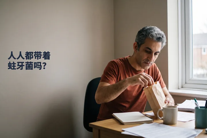 人人都带着蛀牙菌吗? — 一个年轻男人在办公桌前从纸袋里取出一颗糖