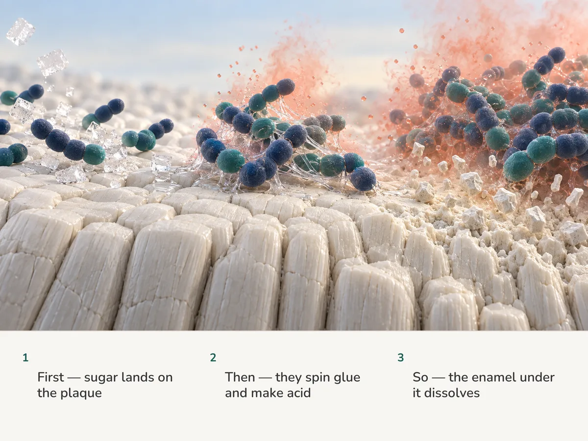 Illustration: sugar dissolves among chains of oval bacteria on enamel; they spin sticky strands that glue them down and give off acid, and under the acid haze the mineral surface loosens