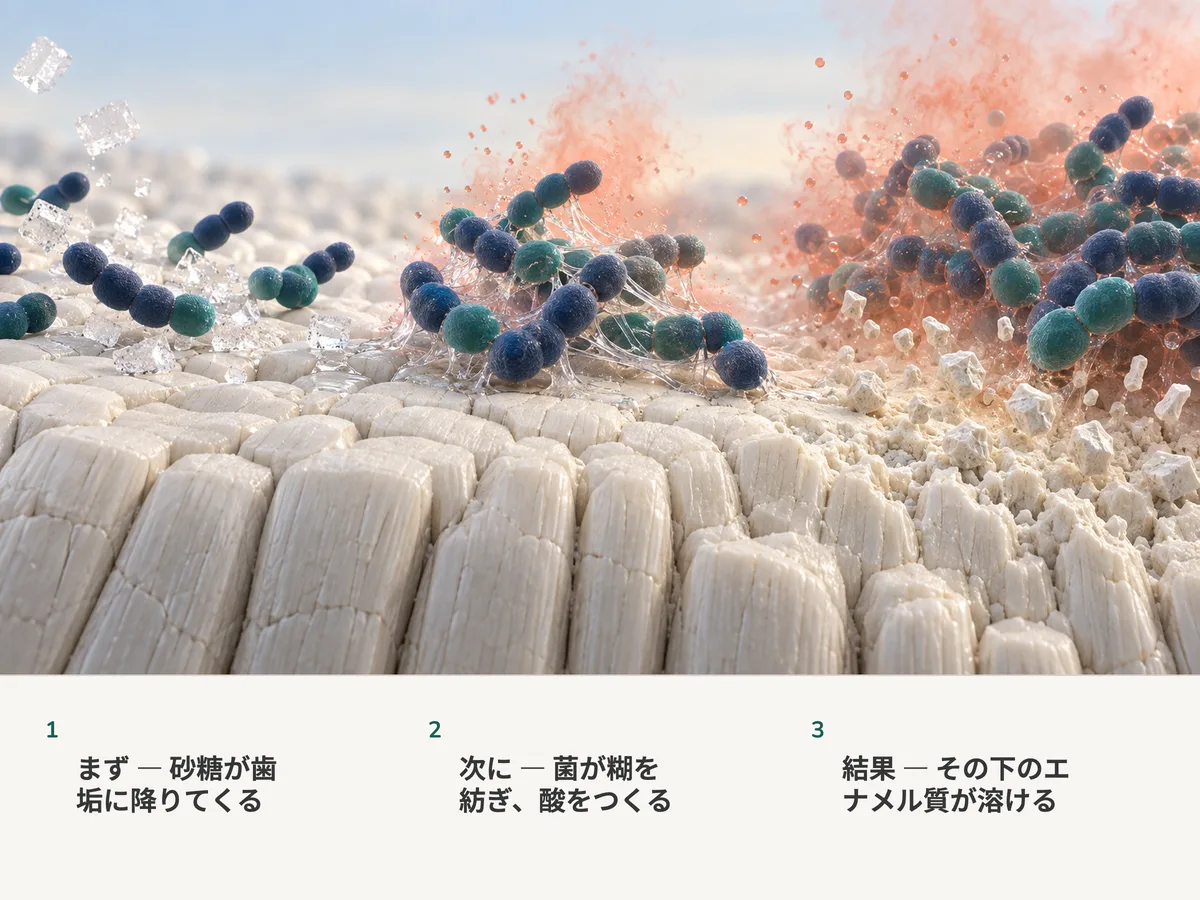 イラスト：エナメル質の上の卵形の細菌の鎖のあいだで砂糖が溶け、菌は粘つく糸を紡いで自分を貼りつけ、酸を放つ。酸のもやの下で、鉱物の表面がゆるんでいく