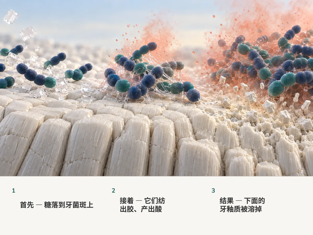 插画:糖在牙釉质上成串的椭圆形细菌之间溶开;它们纺出黏丝把自己粘牢,并放出酸,在酸雾之下,矿化表面开始松动