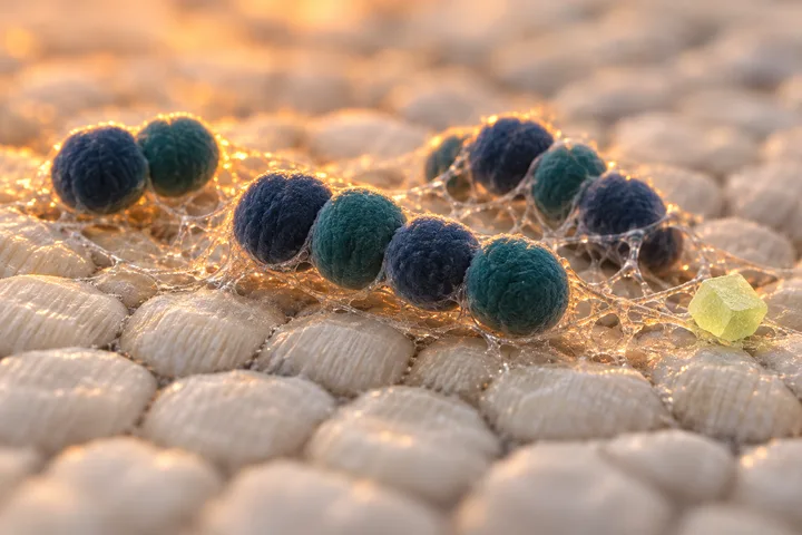 Illustration: chains of oval bacteria held in sticky strands on pale ridged enamel, one lime sugar crystal at the edge