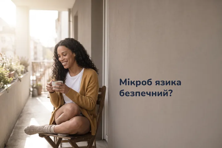 Мікроб язика безпечний? — жінка сидить із чашкою чаю на своєму балконі вранці