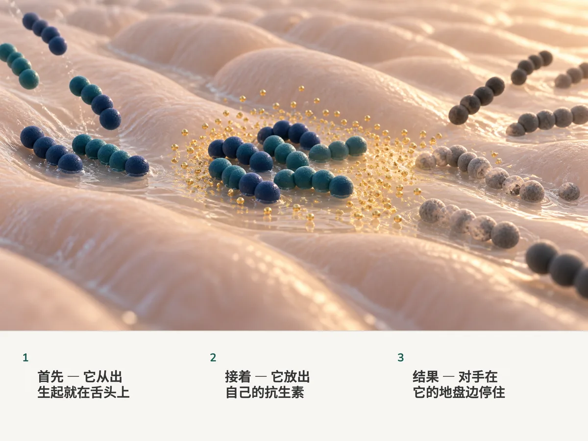 插画:圆形细菌链在柔软褶皱上的湿润薄膜里安顿下来,放出细小的金色颗粒;漂过来的竞争者菌链在它们这片地盘的边缘软塌下去