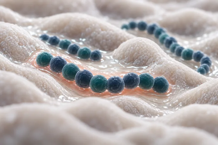 Illustration: bead-like chains of round bacteria rest in a wet film between soft ridges, a faint coral halo around one chain