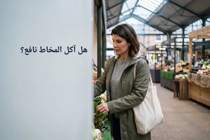 هل آكل المخاط نافع؟ — امرأة تنتقي خضاراً ورقية في سوق مسقوفة صباح السبت