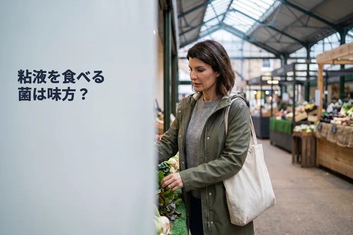 粘液を食べる菌は味方? — 土曜の朝、女性が屋根のある市場で葉物野菜を選んでいる