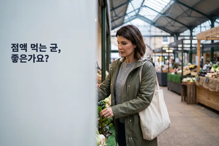점액 먹는 균, 좋은가요? — 한 여자가 토요일 아침 실내 시장에서 잎채소를 고른다