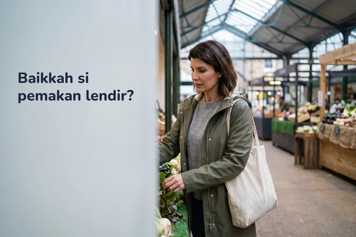 Baikkah si pemakan lendir? — seorang wanita memilih sayur berdaun di dewan pasar berbumbung pada pagi Sabtu