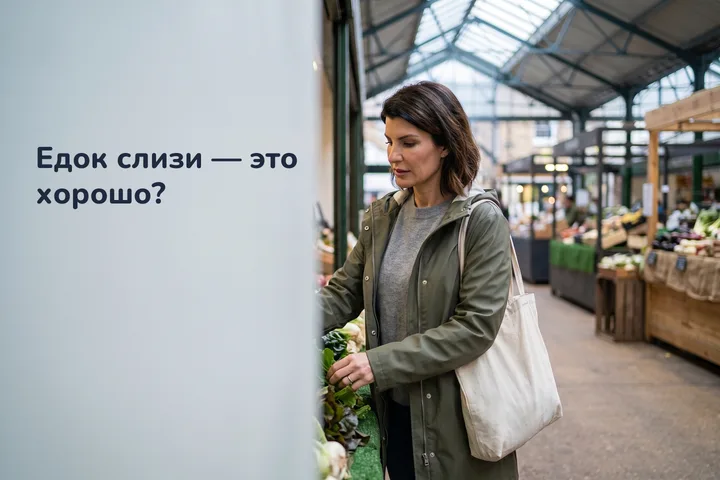 Едок слизи — это хорошо? — женщина выбирает зелень в крытом рынке субботним утром