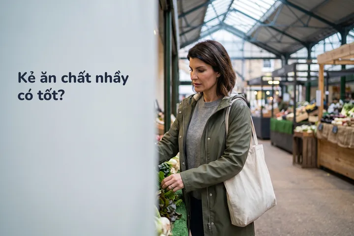 Kẻ ăn chất nhầy có tốt? — một phụ nữ chọn rau lá xanh trong khu chợ có mái vào sáng thứ Bảy