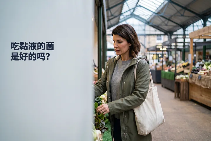 吃黏液的菌是好的吗? — 一位女性在周六早晨的室内菜市场里挑绿叶菜