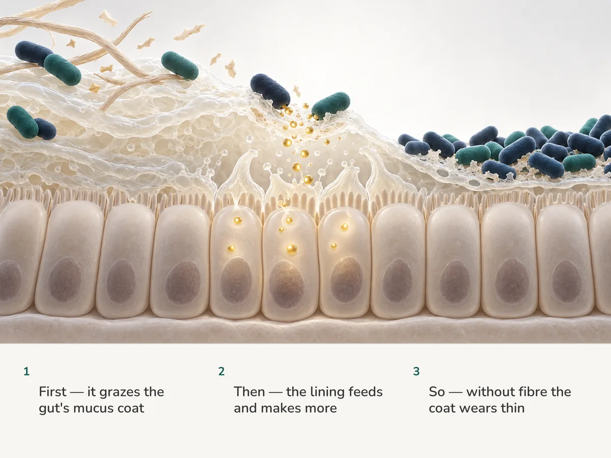 Illustration: oval bacteria graze the mucus layer over the colon lining, which takes in gold fuel and makes fresh mucus; further right, crowded bacteria wear the layer down to a thin veil