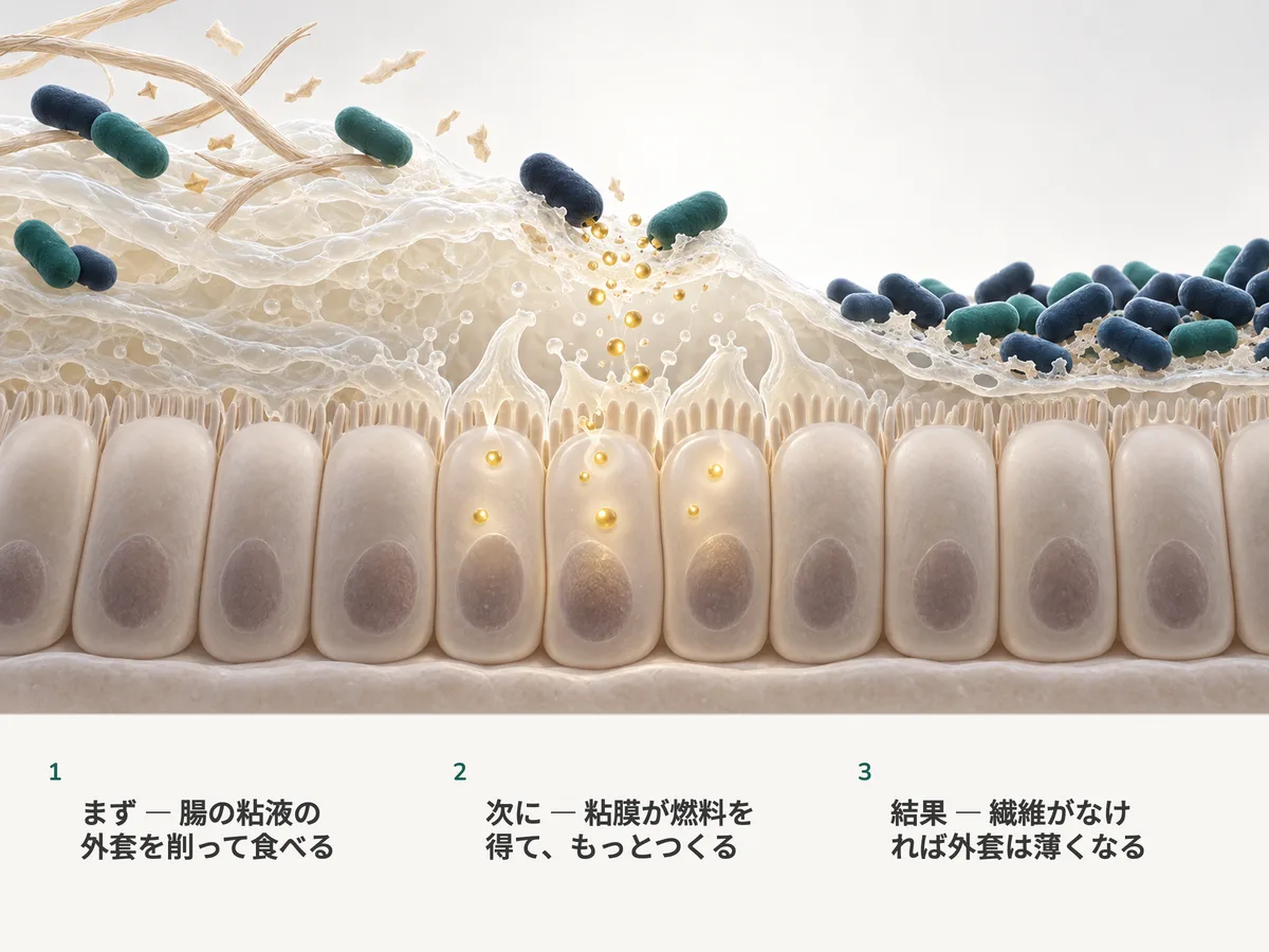 イラスト:卵形の細菌が大腸の粘膜を覆う粘液層を削り取り、粘膜は金色の燃料を取り込んで新しい粘液をつくる。さらに右では、ひしめく細菌が層を薄い膜になるまですり減らしている