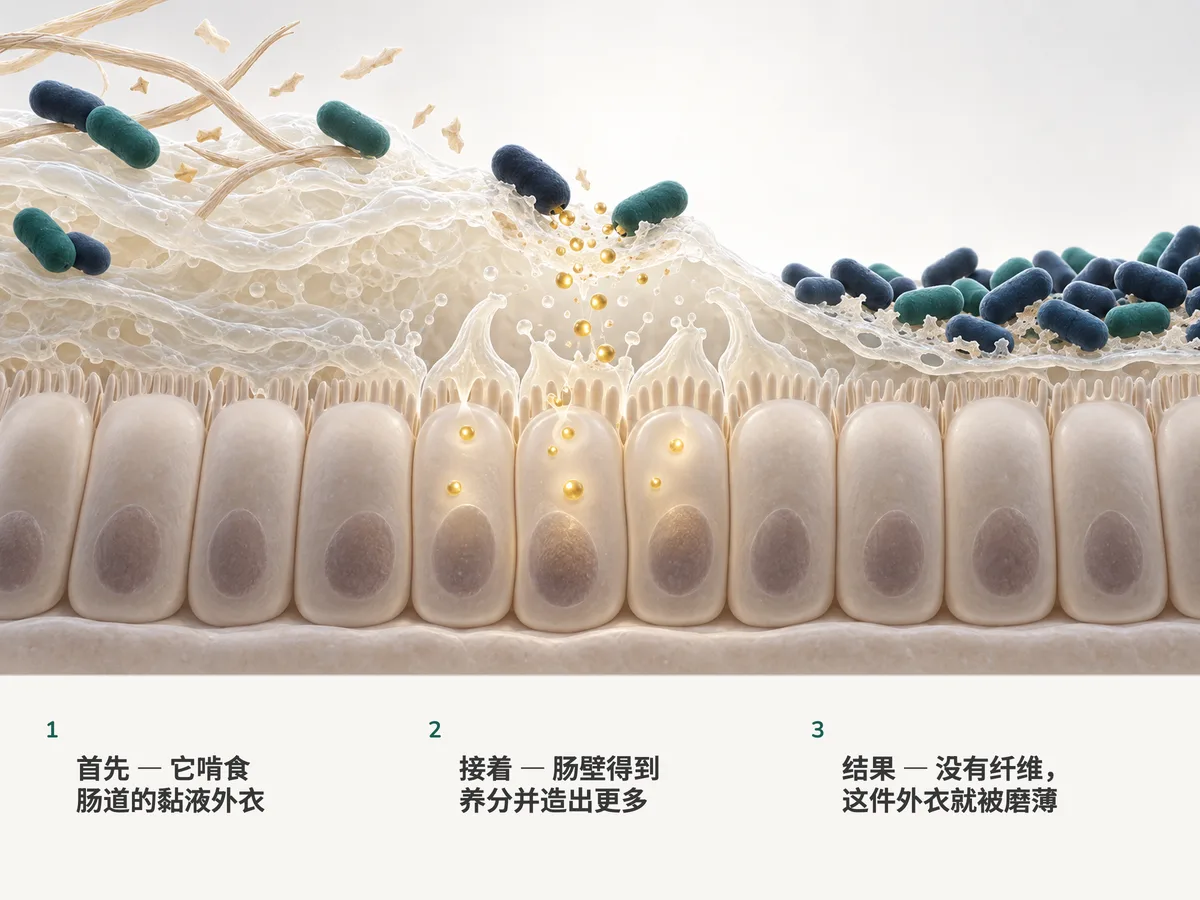 插画：椭圆形细菌啃食结肠内壁上的黏液层，内壁吸收金色的燃料并造出新的黏液；再往右，密集的细菌把这一层磨成了一层薄纱