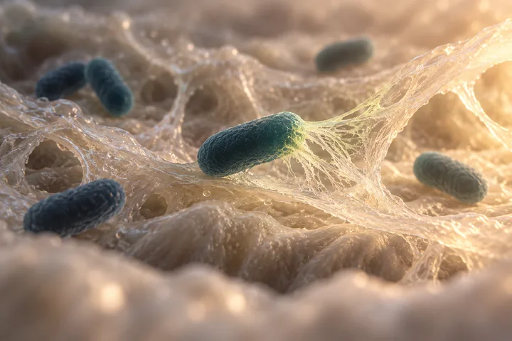 Illustration: oval bacteria rest among stretched strands of mucus over the gut lining, one strand fraying where a cell feeds