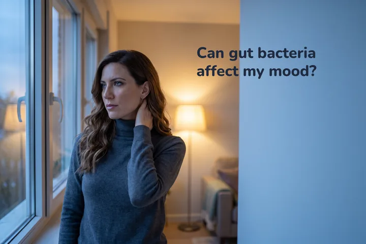 Can gut bacteria affect my mood? — a woman stands at her living-room window at dusk, a hand at her neck