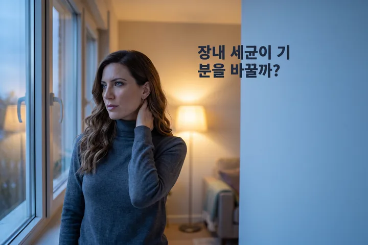 장내 세균이 기분을 바꿀까? — 해 질 무렵 거실 창가에 선 여성이 한 손을 목에 얹고 있다