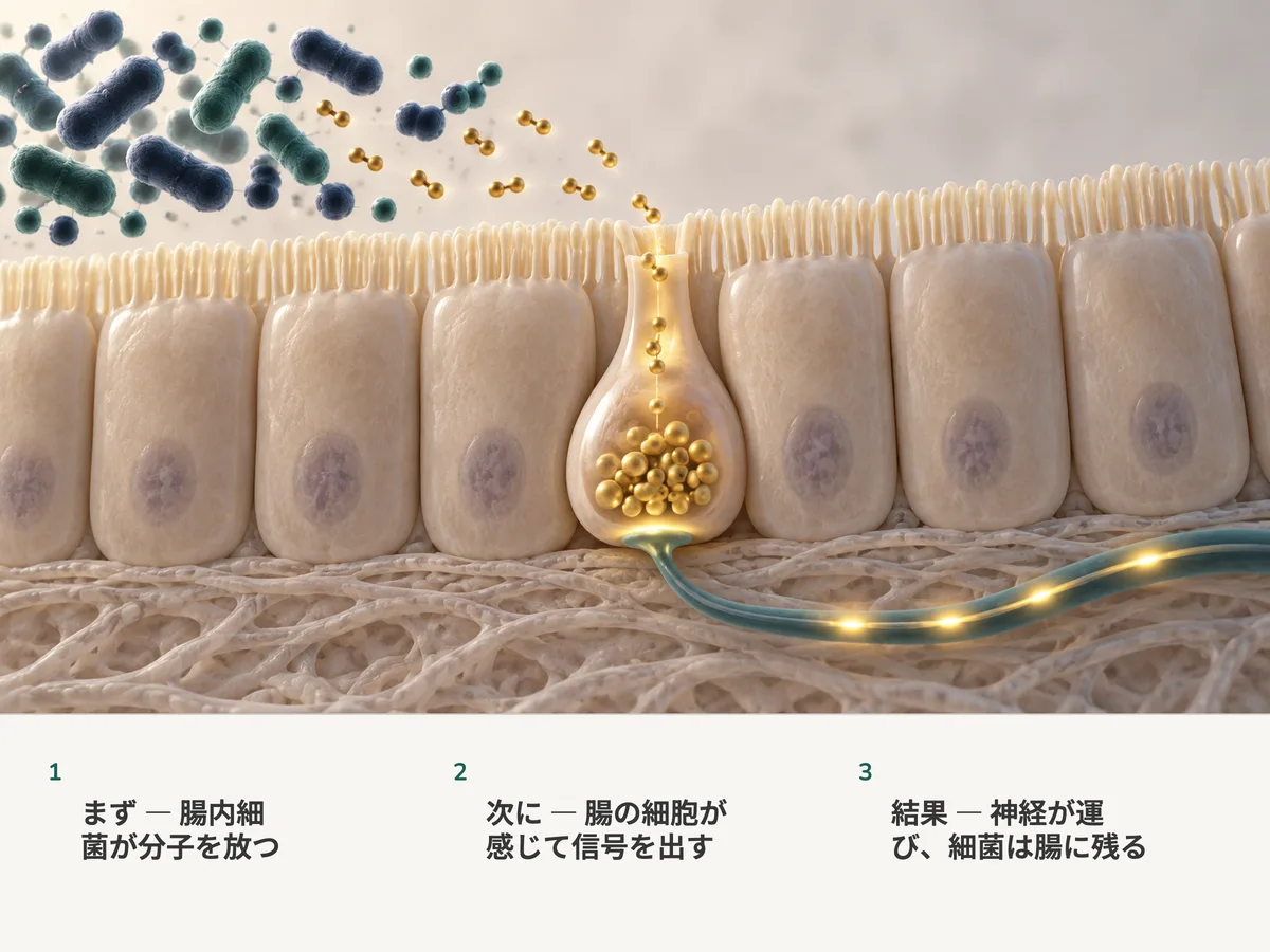イラスト:腸内細菌が小さな分子を放ち、腸粘膜のホルモン細胞がそれを感じ取り、金色の信号が神経を伝って脳へ走る