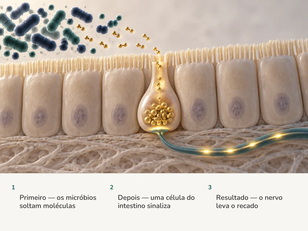 Ilustração: bactérias do intestino soltam moléculas pequenas, uma célula hormonal da mucosa as percebe e um sinal dourado corre por um nervo em direção ao cérebro