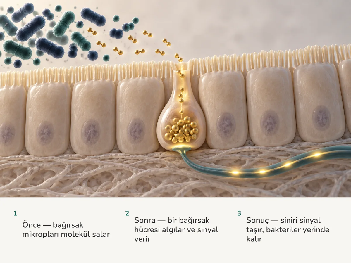İllüstrasyon: bağırsak bakterileri küçük moleküller salıyor, bağırsak astarındaki bir hormon hücresi bunları algılıyor ve altın rengi bir sinyal bir sinir boyunca beyne doğru koşuyor
