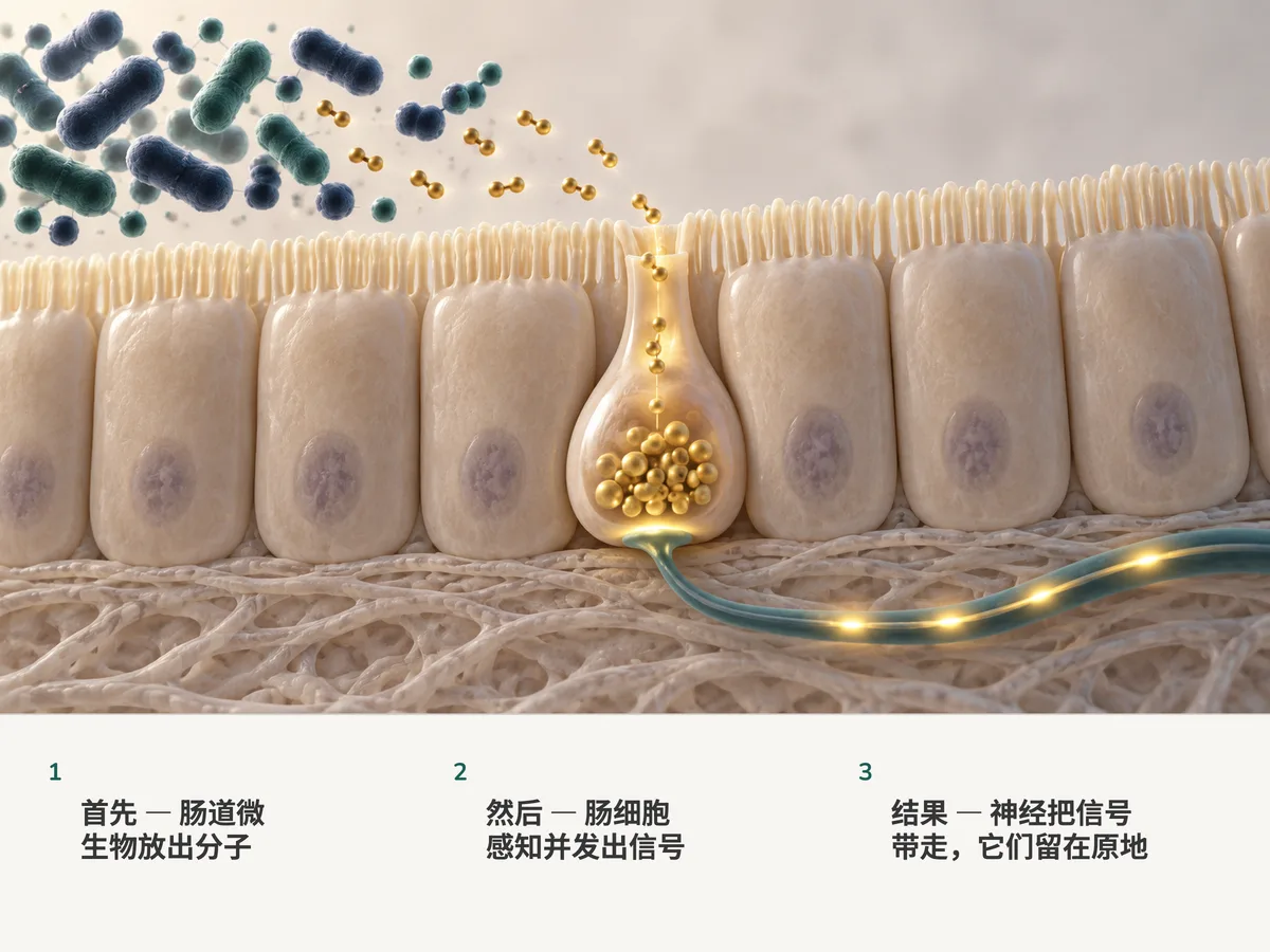 插图：肠道细菌释放出小分子，肠黏膜里的一个激素细胞感知到它们，一道金色的信号沿神经奔向大脑