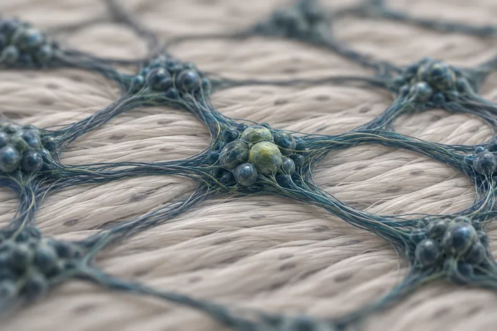 Illustration: a net of nerve cell clusters joined by fibre bundles on the muscle wall of the gut, one cluster tinted lime
