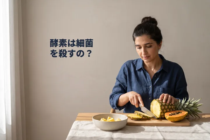 酵素は細菌を殺すの? — 午前遅くの日差しの中、女性が食卓でパイナップルとパパイヤを切る
