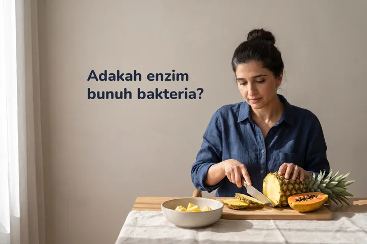 Adakah enzim bunuh bakteria? — seorang wanita memotong nanas dan betik di meja makan dalam cahaya pagi lewat