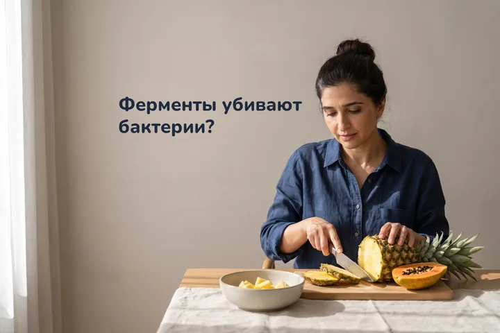 Ферменты убивают бактерии? — женщина режет ананас и папайю за обеденным столом в утреннем солнце