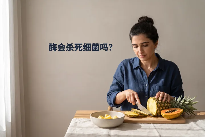 酶会杀死细菌吗? — 上午晚些时候的阳光里,一位女性在餐桌旁切菠萝和木瓜
