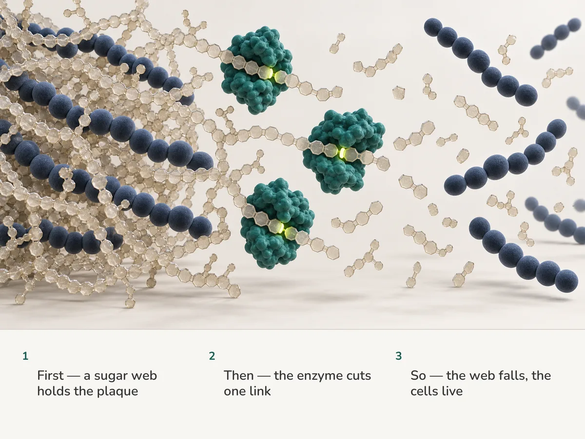 Illustration: chains of round bacteria held in a web of sugar chains; enzyme proteins cut the chains at lime points, and the freed bacteria drift loose, still whole